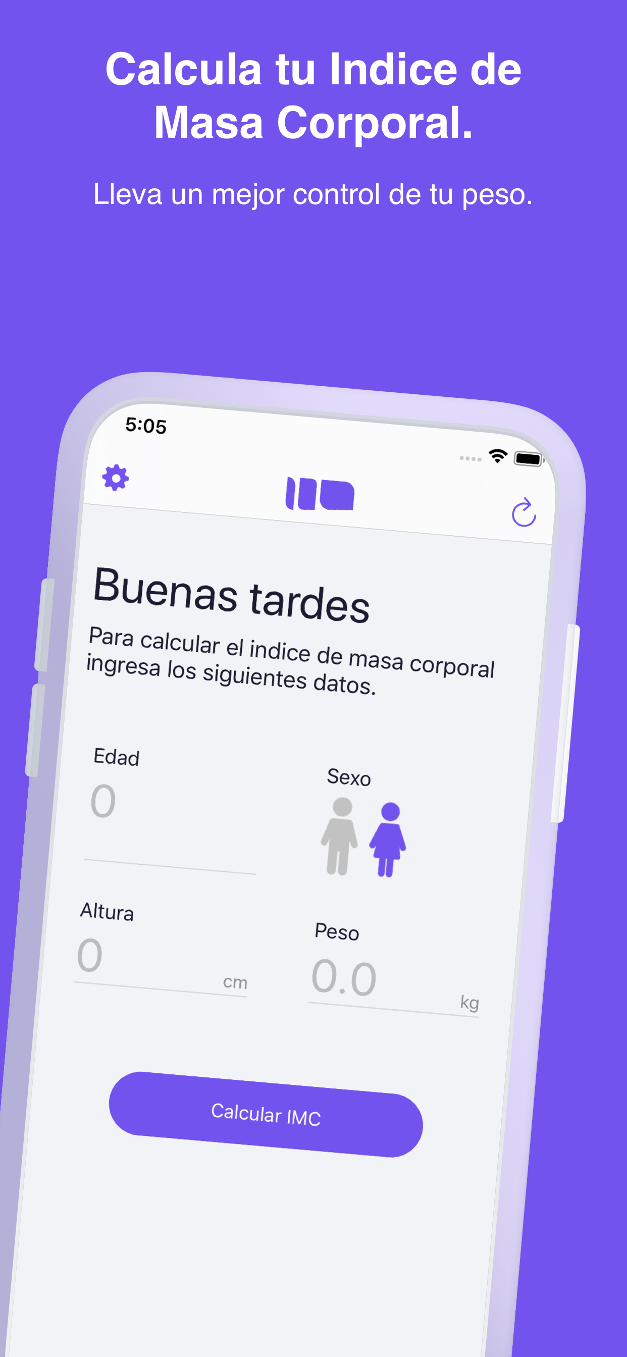 Pantalla principal de IMC Assistant para calcular el indice de masa corporal