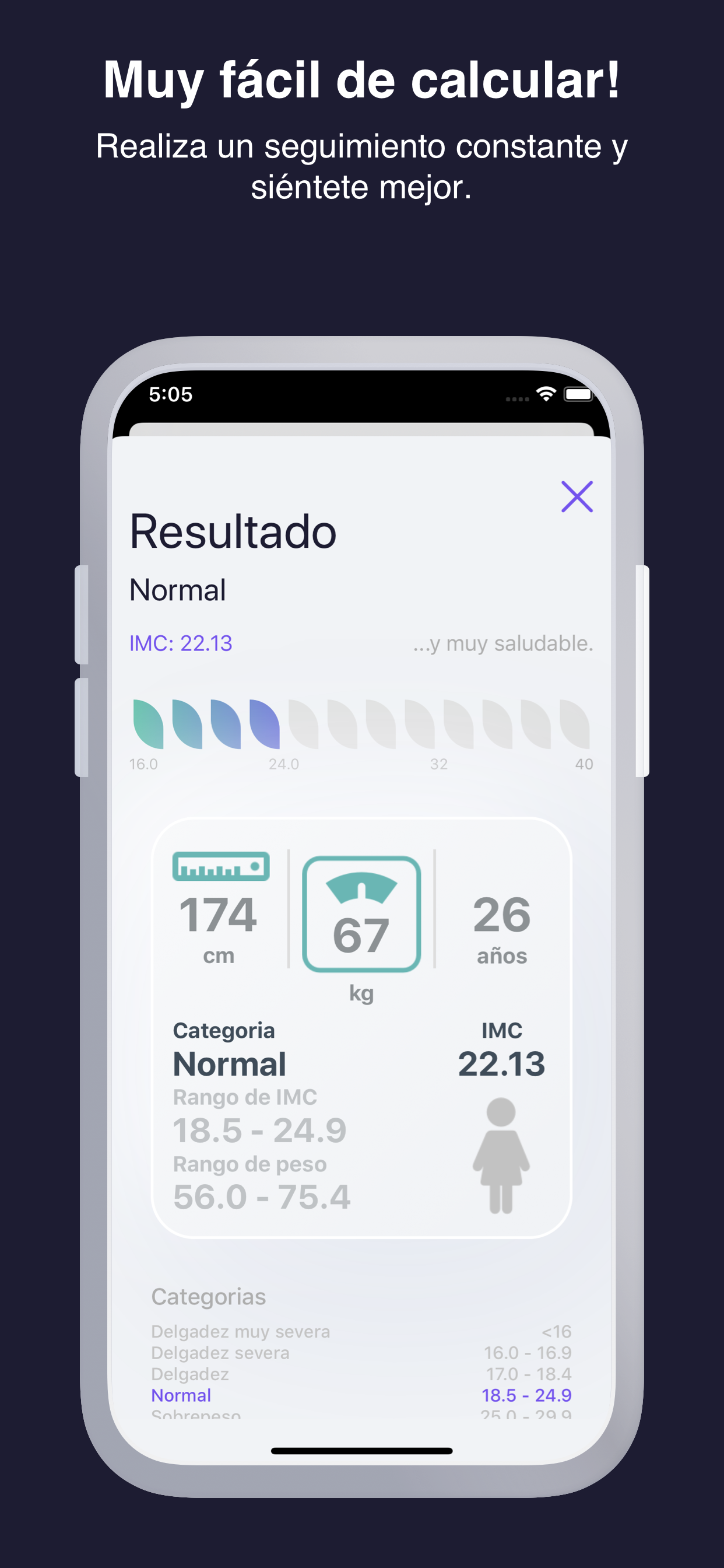 Mockup del rango de peso ideal en IMC Assistant